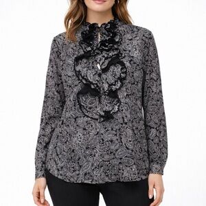 Lauren Ralph Lauren Black White Paisley Ruffle Front Long Sleeve Blouse Sz S